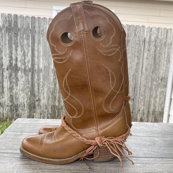 ACME Western Cowboy Boots Women 7.5 D Brown Leather Fringe Rope Stacked Heel USA - Picture 3 of 14